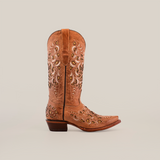 A single brown cowboy boot with intricate floral embroidery, the Kiara Crystals Fawn - Mid Shaft - Snip Toe design, showcases a slightly pointed toe and low heel, crafted from premium leather, set against a plain white background.