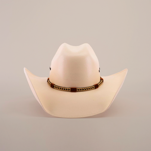 The 500X Chihuahua Straw Hat, featuring a light beige color with a slightly upturned brim and a braided brown band, exudes style and durability against a plain white background.