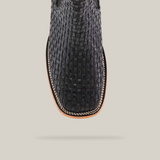 Close-up front view of the Basket weave Black Square Toe leather shoe featuring intricate basket weave detailing, contrasting light stitching around the edge, all on a plain white background.