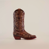 Against a plain white background, the Mayan Flower Crystals Chocolate boot is showcased. It features a short shaft, narrow square toe, classic heel, and intricate floral embroidery.