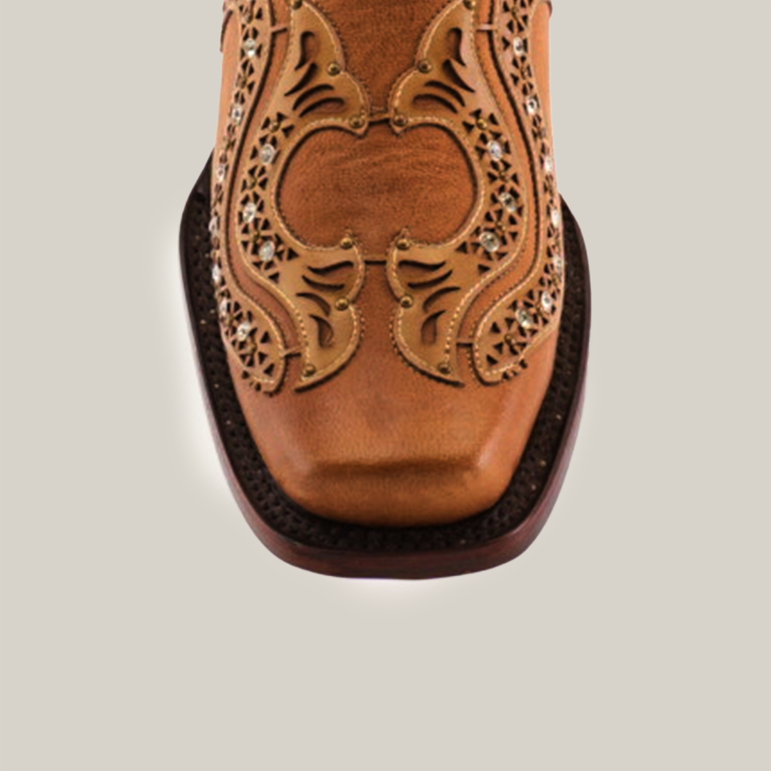 The Love Crystals Honey - Short Shaft - Narrow Square Toe is a premium womens cowboy boot made from brown leather, featuring intricate cutout patterns and decorative stitching on the toe. Photographed from above on a white background, it highlights its exquisite handcrafted design.