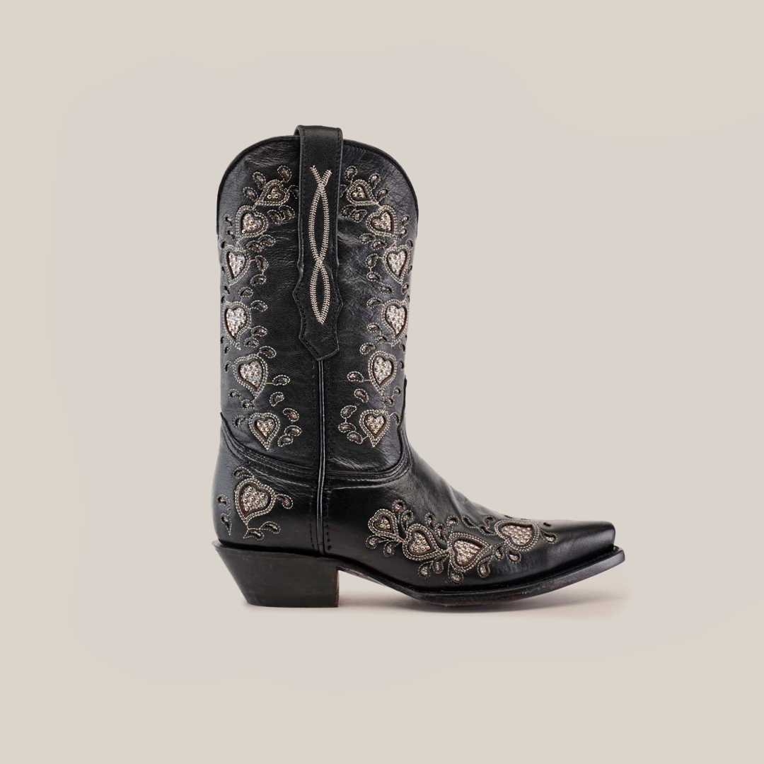 Introducing our Studded Hearts Black boots: short shaft and snip toe design, featuring intricate silver embroidery and studded hearts with exquisite floral patterns. These luxury black cowboy boots offer elegance with their pointed toe and low heel.