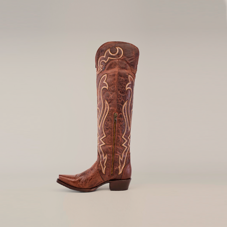 The Tania Brown Tall Shaft Snip Toe boot stands upright, displaying intricate embroidery and luxurious leather construction. Designed for women, it features a snip toe, low heel, and side zipper closure against a plain background.