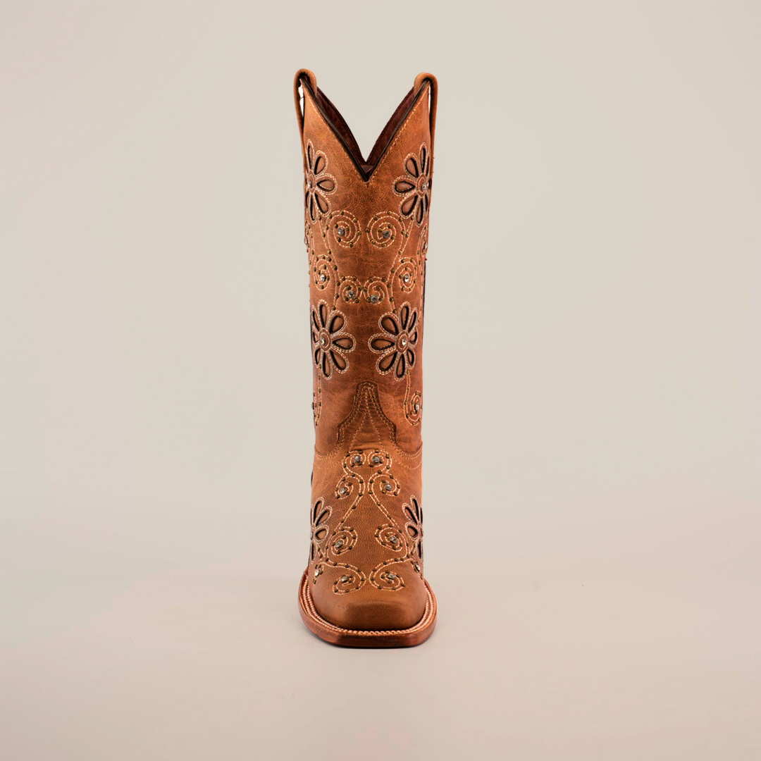 Front view of a single tall brown cowboy boot, Napoles Crystals Flowers Fawn - Mid Shaft - Narrow Square Toe, showcasing handcrafted floral embroidery, set against a plain white background.