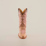 The Bellere Fawn - Snip Toe boot, crafted from premium cowhide leather, is a single tan cowboy boot featuring intricate white embroidery. It stands upright on a plain white background, highlighting its classic western design with a slightly pointed toe and low heel.