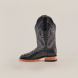 The Caiman Hornback Print Black Square Toe boot, crafted from premium materials with intricate stitching, features a brown sole and medium heel. It is elegantly showcased on a plain white background.