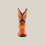 The Wild Mustard Slip Resistant Sole Rodeo Toe is a premium brown cowboy boot made of cowhide leather, showcased against a white background. It has intricate stitching, dark upper accents, and a slip-resistant sole for enhanced safety and style.