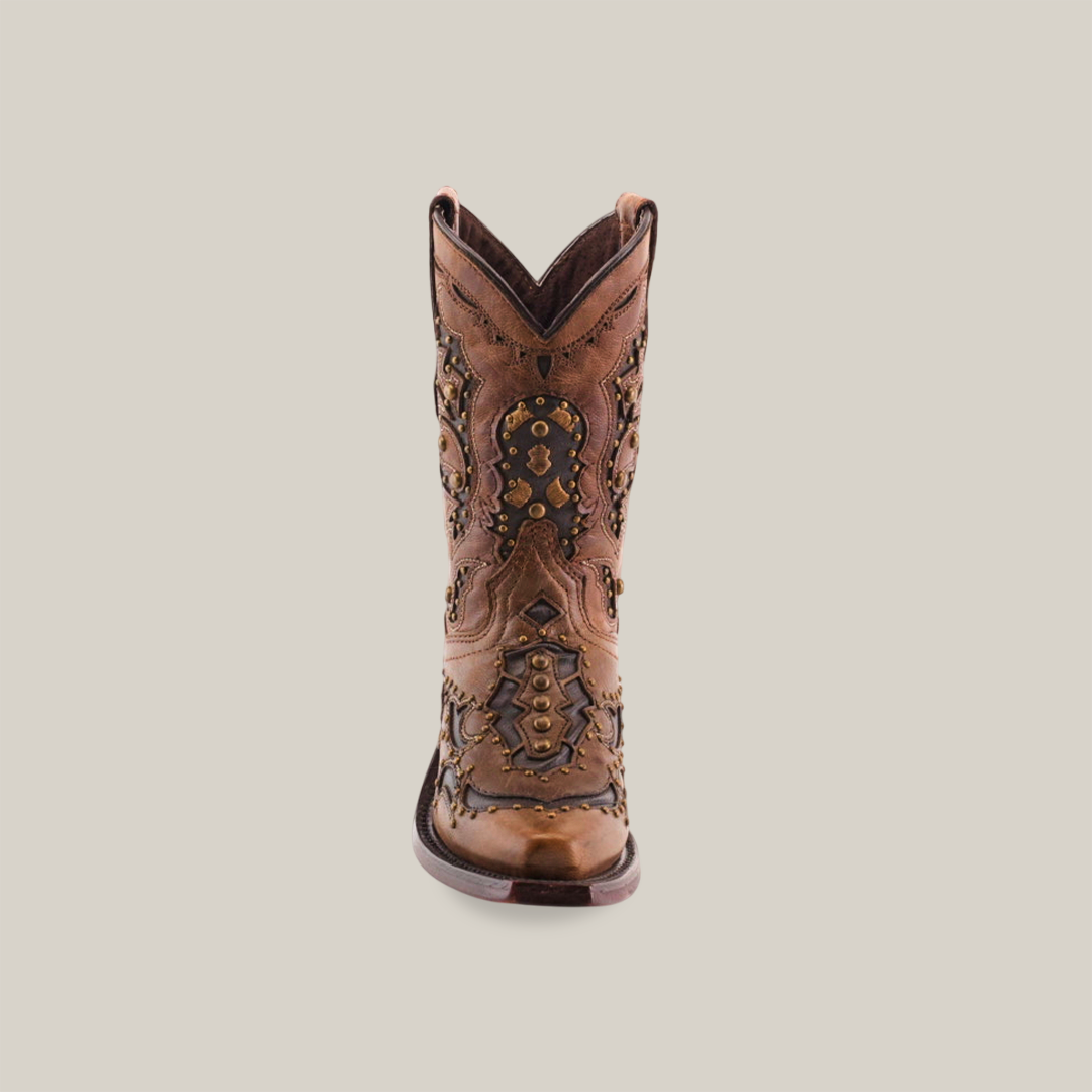 A front view of a single brown Arass Studs Orix Snip Toe cowboy boot made from cowhide leather, showcasing intricate stitching and decorative patterns. It features a pointed toe and a slightly raised heel for added style.