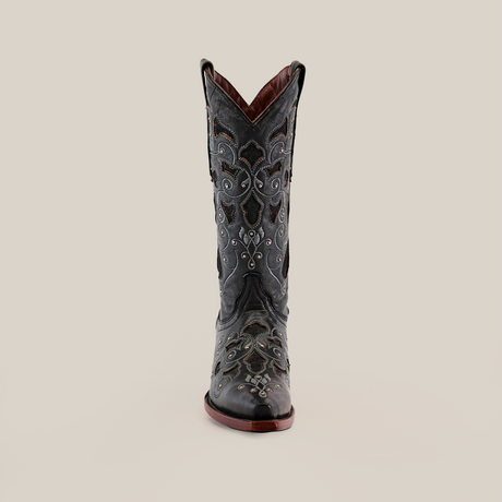 Introducing the Nataly Black - Mid Shaft - Snip Toe boot: a luxurious black cowboy boot crafted from premium leather, featuring intricate white embroidery on the shaft and toe. It boasts a wooden heel and snip toe design, elegantly set against a plain white background.