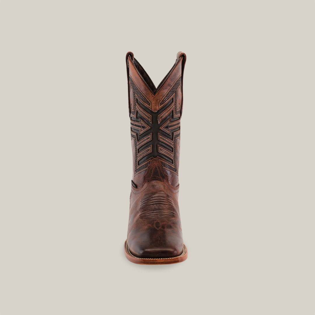 A single Rustic Brown - Square Toe cowboy boot, crafted from premium cowhide leather, features a dark geometric design on the upper part against a plain white background.