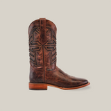 The Rustic Brown - Square Toe is a single rustic brown leather cowboy boot featuring intricate stitching and patterns, a square toe, low heel, pull loop at the top, and slightly worn texture. The design is beautifully highlighted against a plain white background.