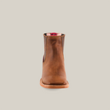 A single Avejentado Honey square toe boot, facing forward and isolated on a white background, evokes a cowboy scene with its tan leather, smooth texture, visible stitching, and rounded toe.