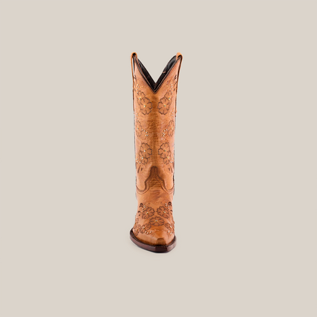 The Florilandia Orix Mid Shaft cowboy boot, featuring a snip toe and floral embossing, is shown front-facing on a white background with black trim at the opening.