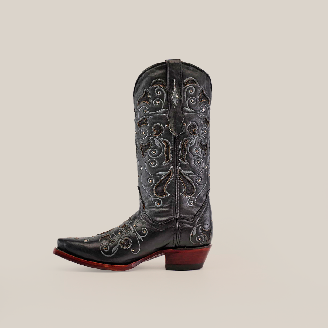 Introducing the Nataly Black - Mid Shaft - Snip Toe boot: a luxurious black cowboy boot crafted from premium leather, featuring intricate white embroidery on the shaft and toe. It boasts a wooden heel and snip toe design, elegantly set against a plain white background.