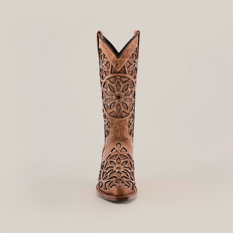 A single Vitralli Crystals - Mid Shaft - Snip Toe cowboy boot with intricate floral cut-out patterns and sparkling crystals, displayed on a plain white background.