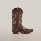 The Etnia Tabaco - Short Shaft - Snip Toe boot is a single brown cowboy boot featuring exquisite leather craftsmanship, intricate white and black embroidered floral designs, a pointed toe, and a slight heel. It exemplifies the elegance of womens snip toe boots against a plain white backdrop.