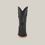 Front view of a single Exotic Piraruco Fish - Matte Black - Square Toe cowboy boot in genuine leather with textured shaft and Piraruco fish scales on the foot, tan sole, and square toe, against a plain white background.