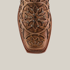 Close-up of a Vitralli Crystals Fawn boot with intricate floral embroidery and sparkling crystals on the toe, standing upright against a white background to highlight its stunning detail.