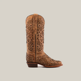 The Vitralli Crystals Fawn cowboy boot boasts a tan color with floral and geometric cutouts, a medium heel, and pull straps. It is handcrafted with crystal embellishments for elegance, featuring a well-defined square toe against a plain white background.