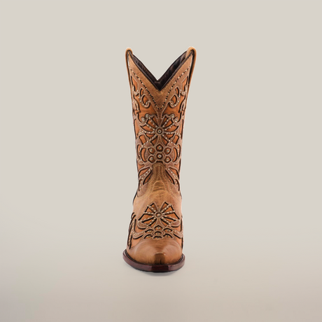 The Cotulla Fawn Crystals - Short Shaft boot features intricate floral embroidery and crystals on a brown cowboy boot, displayed on a plain white background. It boasts a snip toe and scalloped top edge, exemplifying luxury craftsmanship.