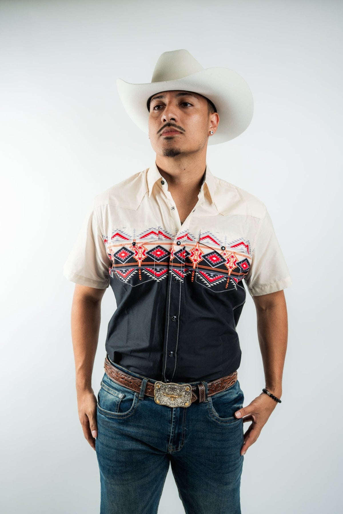 Texas Country - Beige & Black Aztec Western Short Sleeve Shirt (PS100S/T #1150) - Gomez Western Wear
