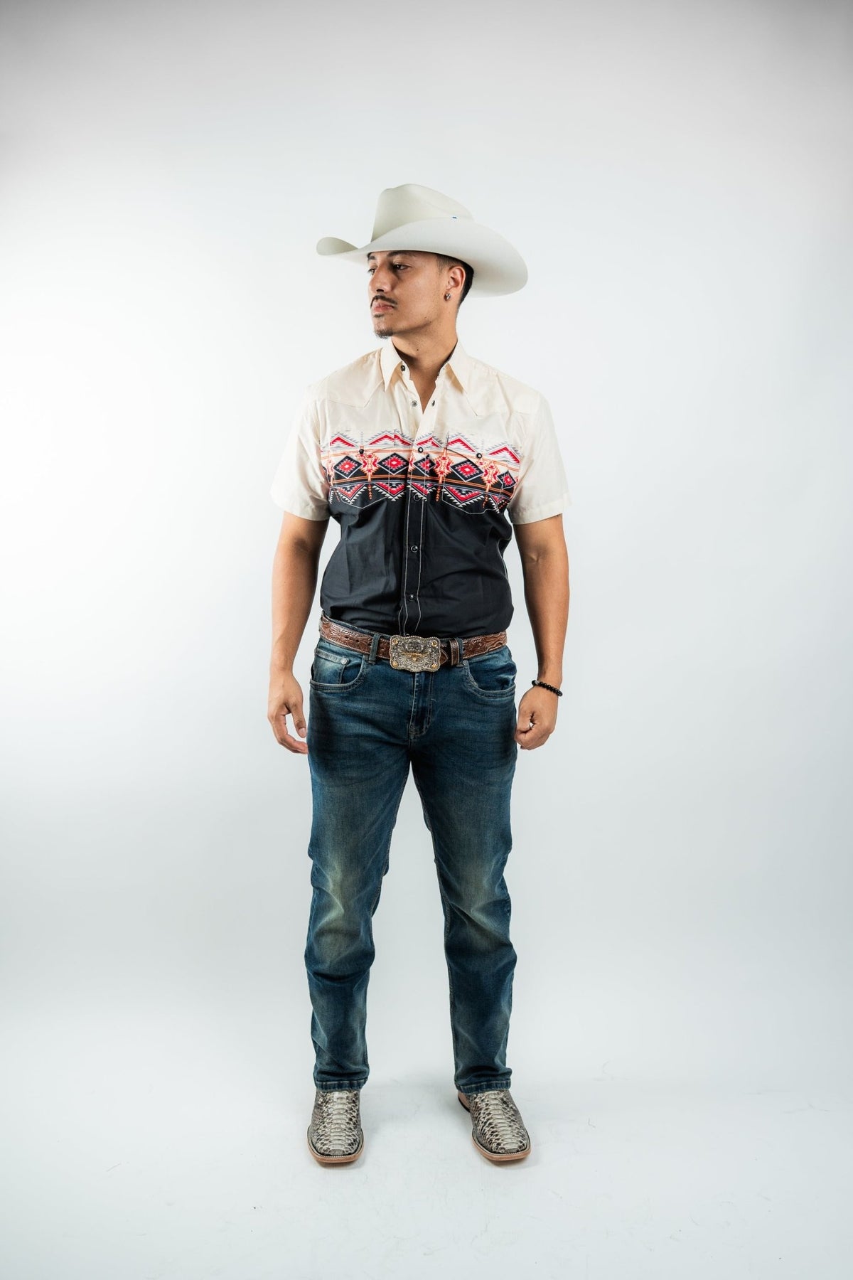 Texas Country - Beige & Black Aztec Western Short Sleeve Shirt (PS100S/T #1150) - Gomez Western Wear