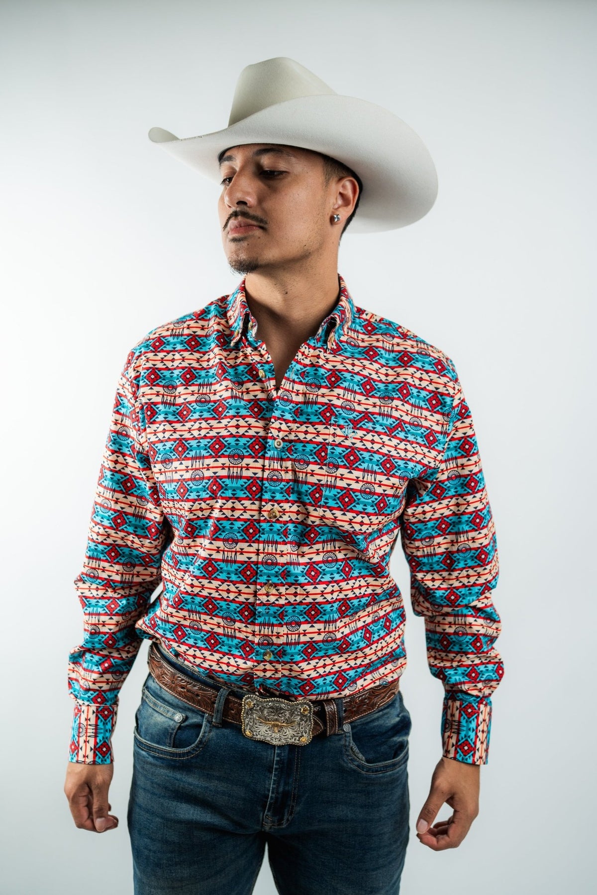 Texas Country - Blue & Red Aztec Button-Down Long Sleeve Shirt (MOD 184) - Gomez Western Wear
