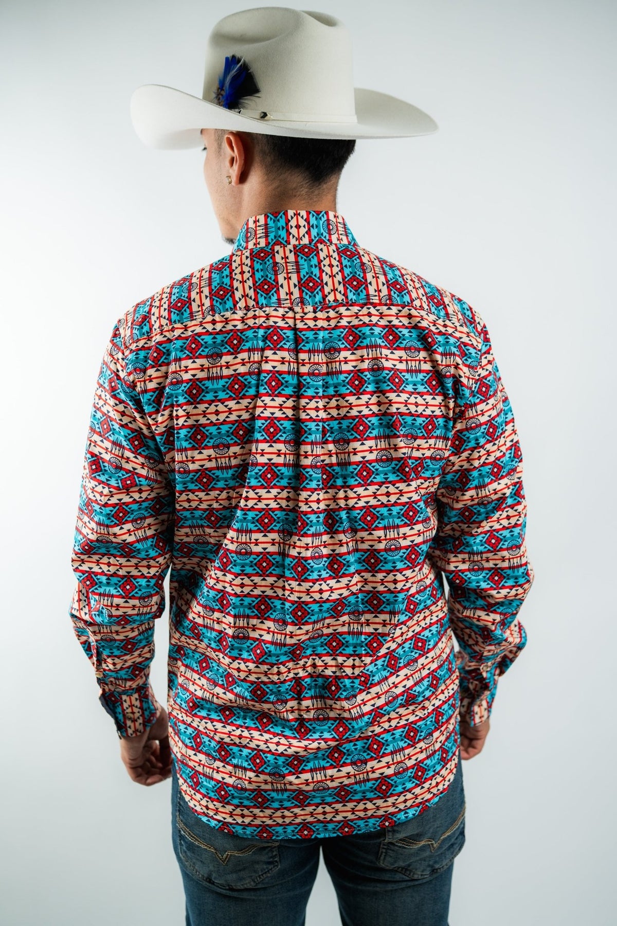 Texas Country - Blue & Red Aztec Button-Down Long Sleeve Shirt (MOD 184) - Gomez Western Wear