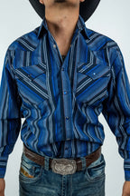 Texas Country - Blue Western Stripes Pearl Snap Long Sleeve Shirt (PS700L/T #7001) - Gomez Western Wear
