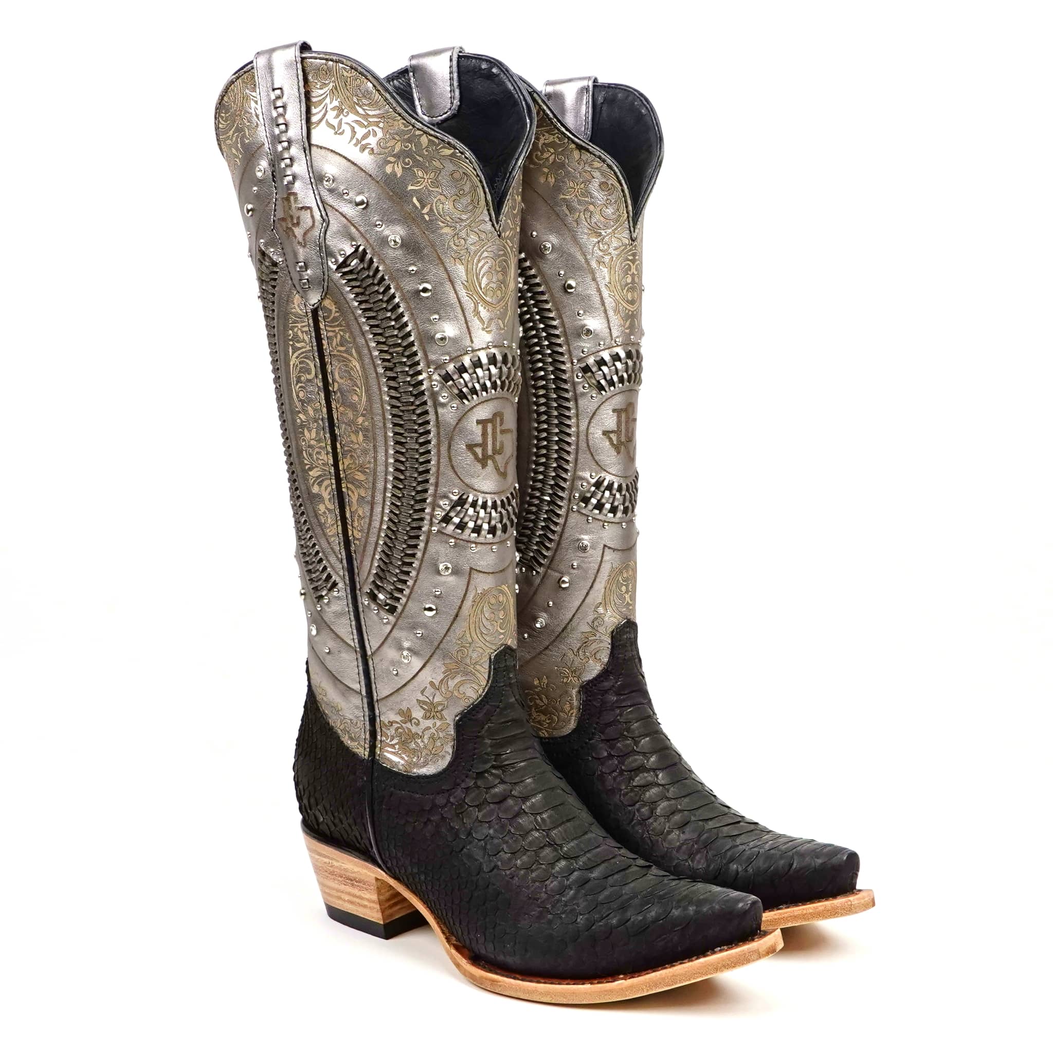 Priscila - Python Black Silver Cowgirl Boots - Tall Shaft - Snip Toe (E31) - Gomez Western Wear 9 US