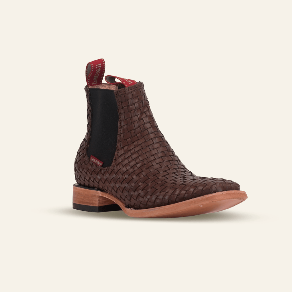Texas Country Botines Charros TC Basket Weave Ankle Boots - Brown - Square Toe (E1200)