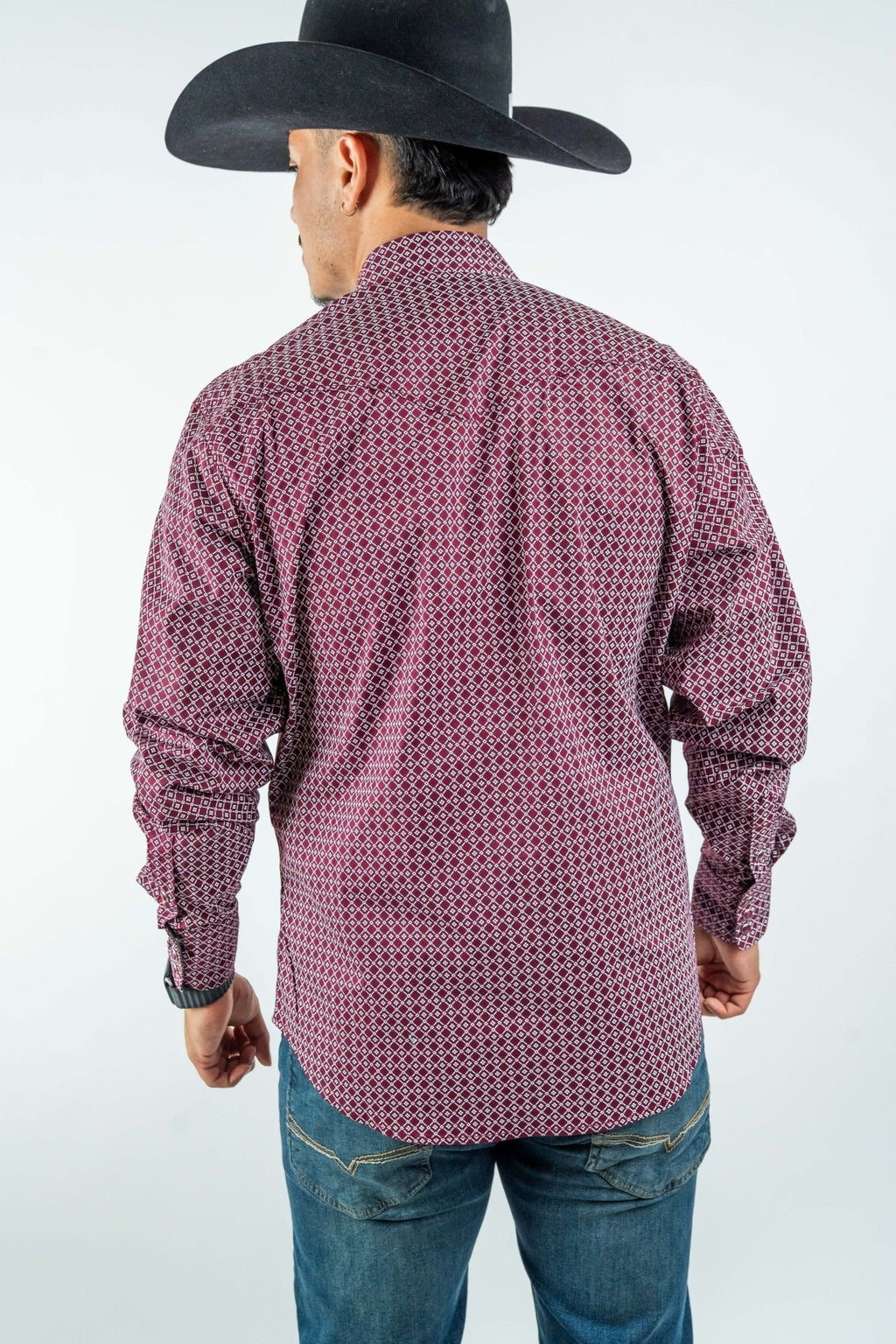 Texas Country - Burgundy Diamond Print Peal Snap Long Sleeve Shirt (PS100L/T #159) - Gomez Western Wear