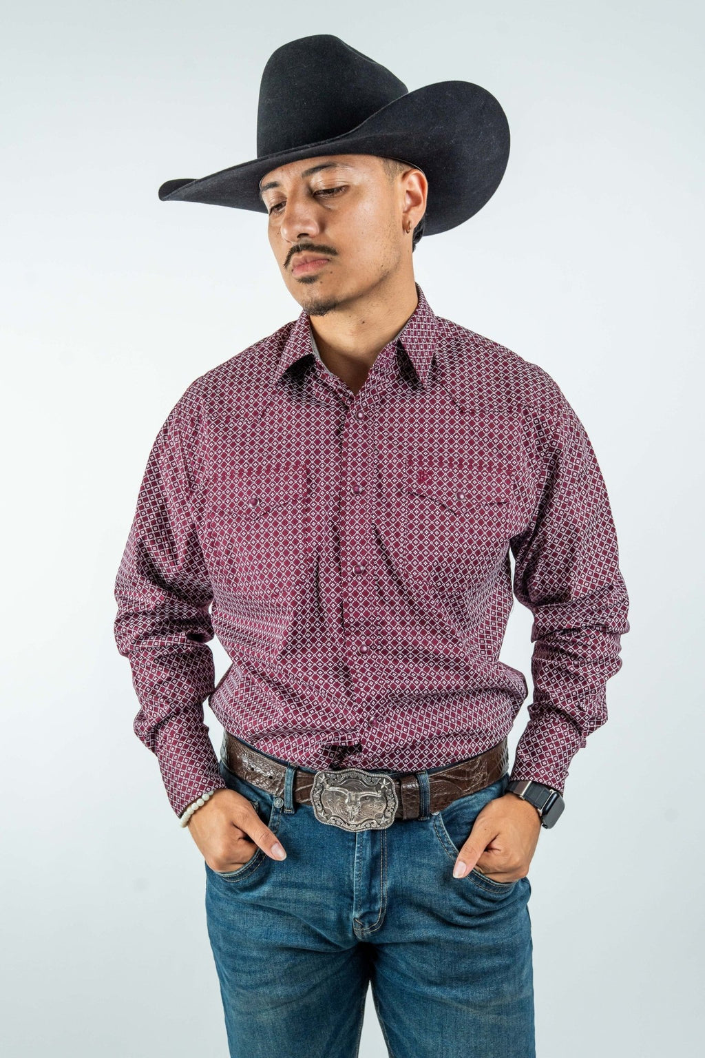 Texas Country - Burgundy Diamond Print Peal Snap Long Sleeve Shirt (PS100L/T #159) - Gomez Western Wear