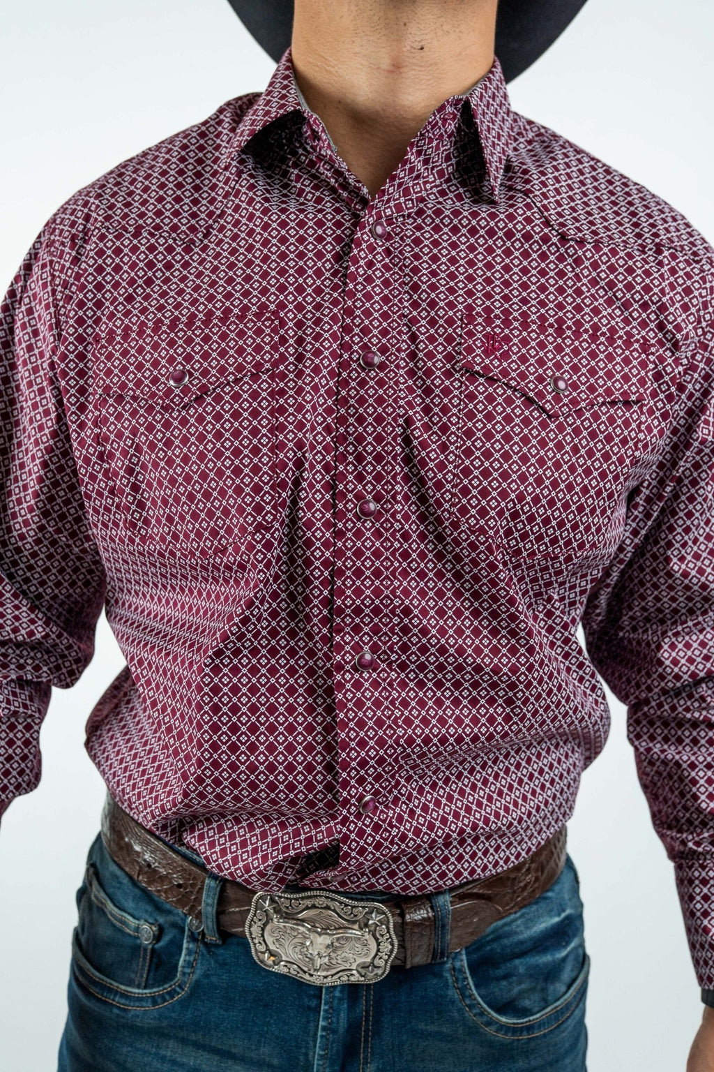 Texas Country - Burgundy Diamond Print Peal Snap Long Sleeve Shirt (PS100L/T #159) - Gomez Western Wear