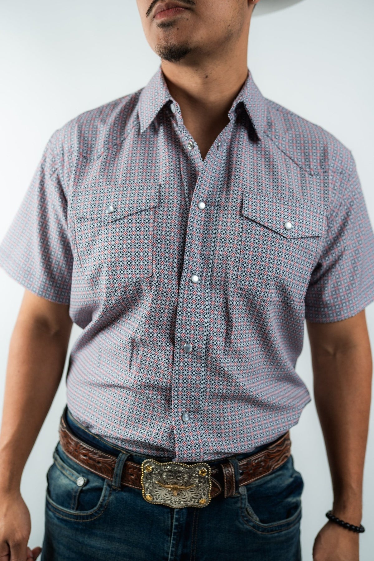 Texas Country - Geometric Black/Red Pearl Snap Short Sleeve Shirt (RT101ST #1104) - Gomez Western Wear