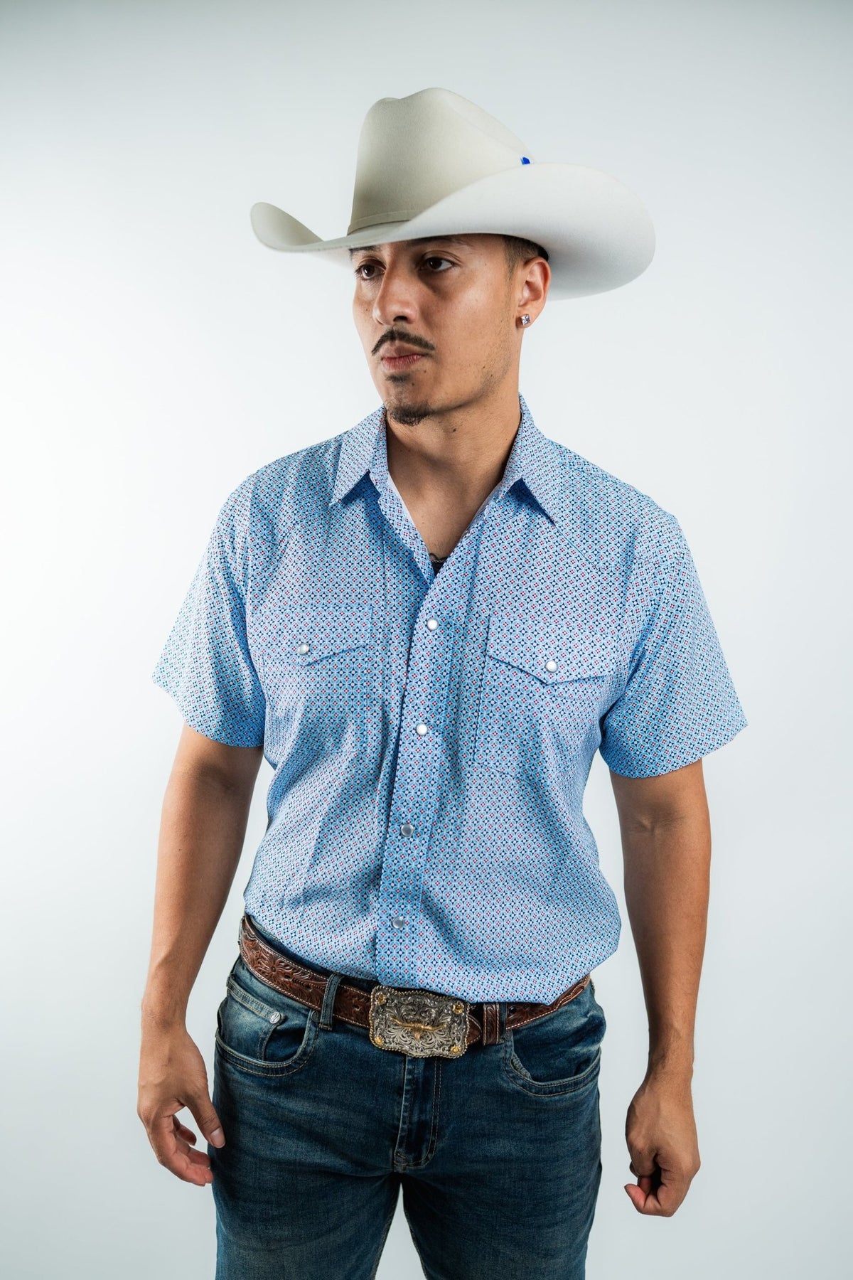 Texas Country - Geometric Blue Pearl Snap Short Sleeve Shirt (RT101S/T #1105) - Gomez Western Wear