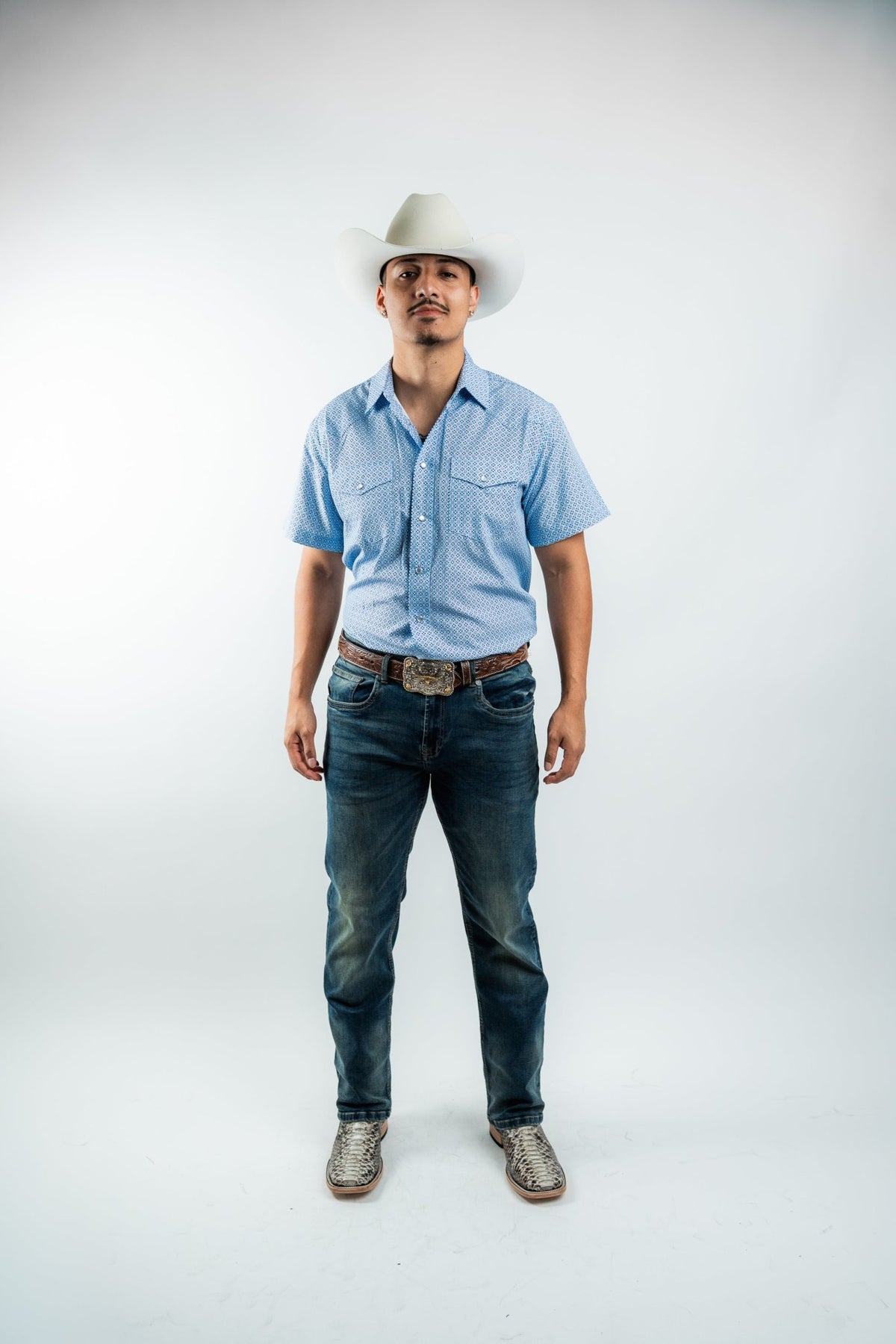 Texas Country - Geometric Blue Pearl Snap Short Sleeve Shirt (RT101S/T #1105) - Gomez Western Wear