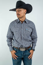 Texas Country - Gray Geometric Print Pearl Snap Long Sleeve Shirt (PS100L/T #1076) - Gomez Western Wear