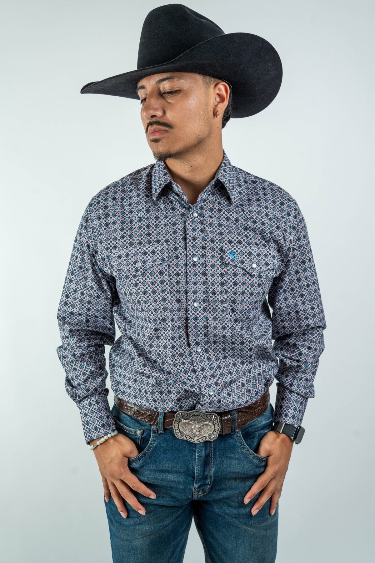 Texas Country - Gray Geometric Print Pearl Snap Long Sleeve Shirt (PS100L/T #1076) - Gomez Western Wear