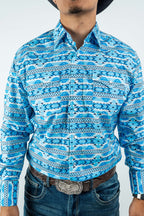 Texas Country - Light Blue Aztec Pearl Snap Long Sleeve Shirt (PS100L/T #1124) - Gomez Western Wear