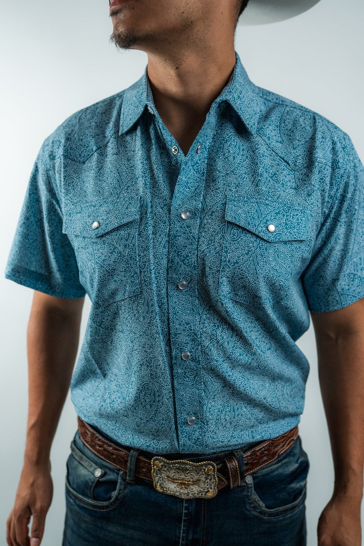 Texas Country - Light Blue Floral Pearl Snap Short Sleeve Shirt (RT101S/T #1100) - Gomez Western Wear