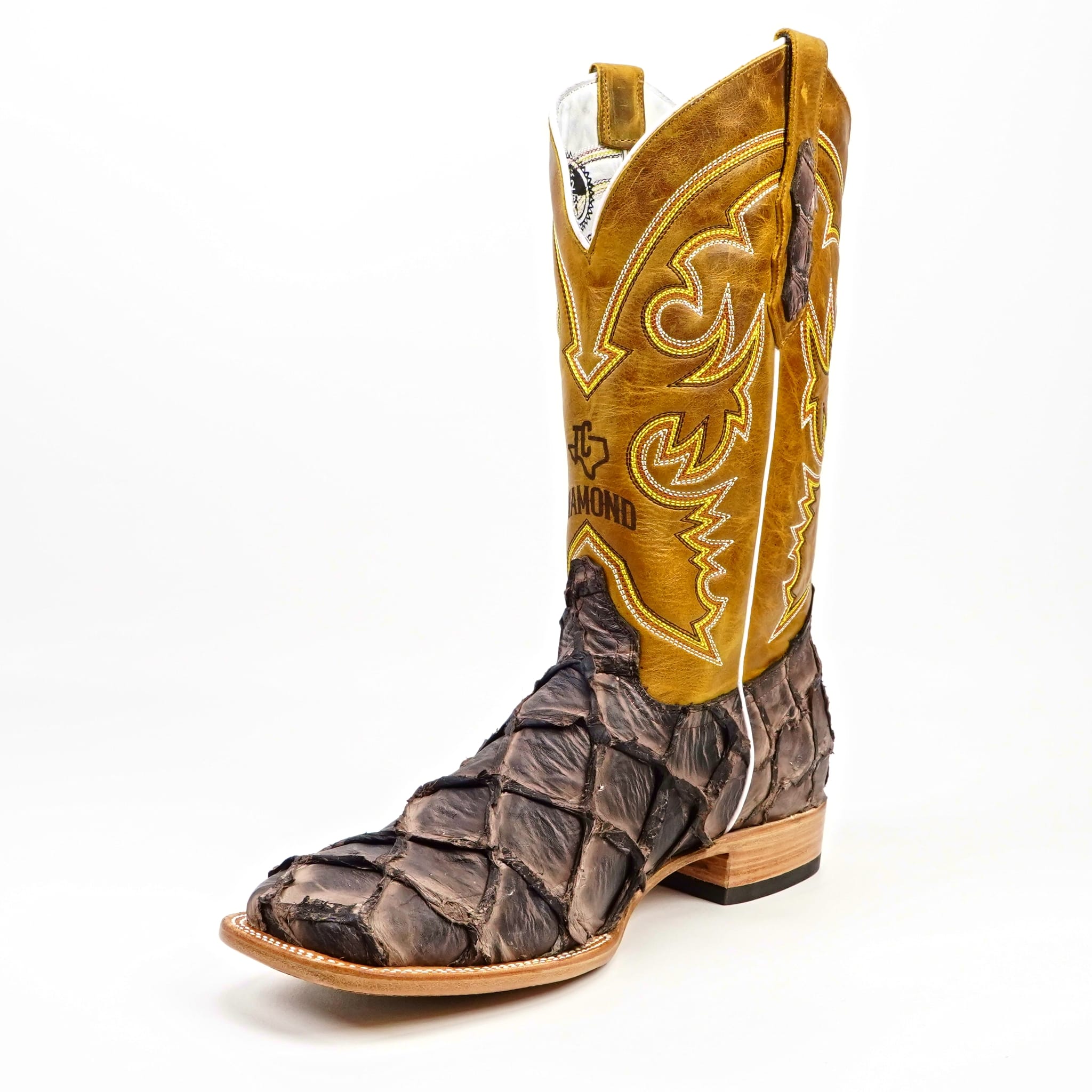 Texas Country Mens Diamond Collection Butch Pirarucu Fish Boots - Matte Brown - Square Toe