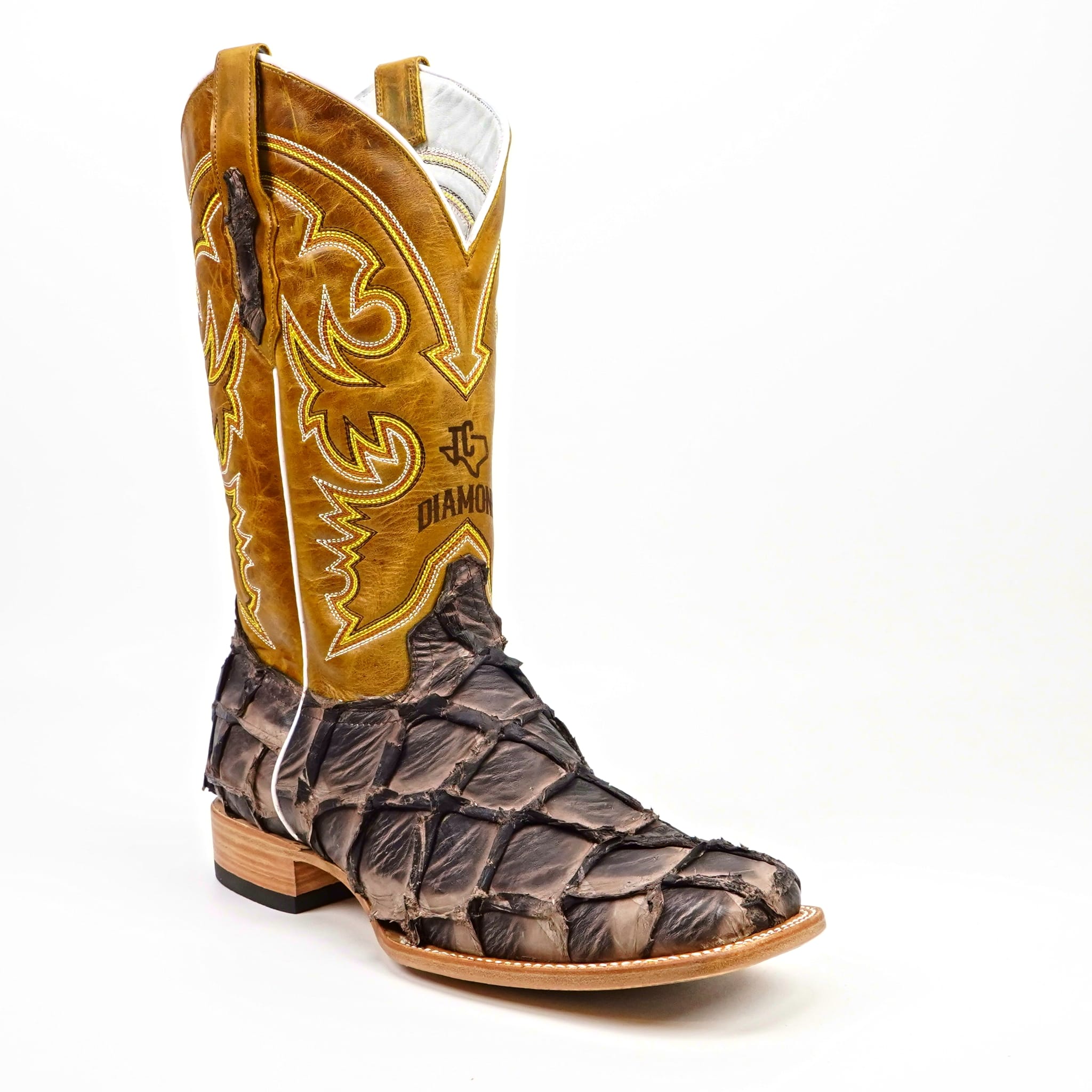 Texas Country Mens Diamond Collection Butch Pirarucu Fish Boots - Matte Brown - Square Toe
