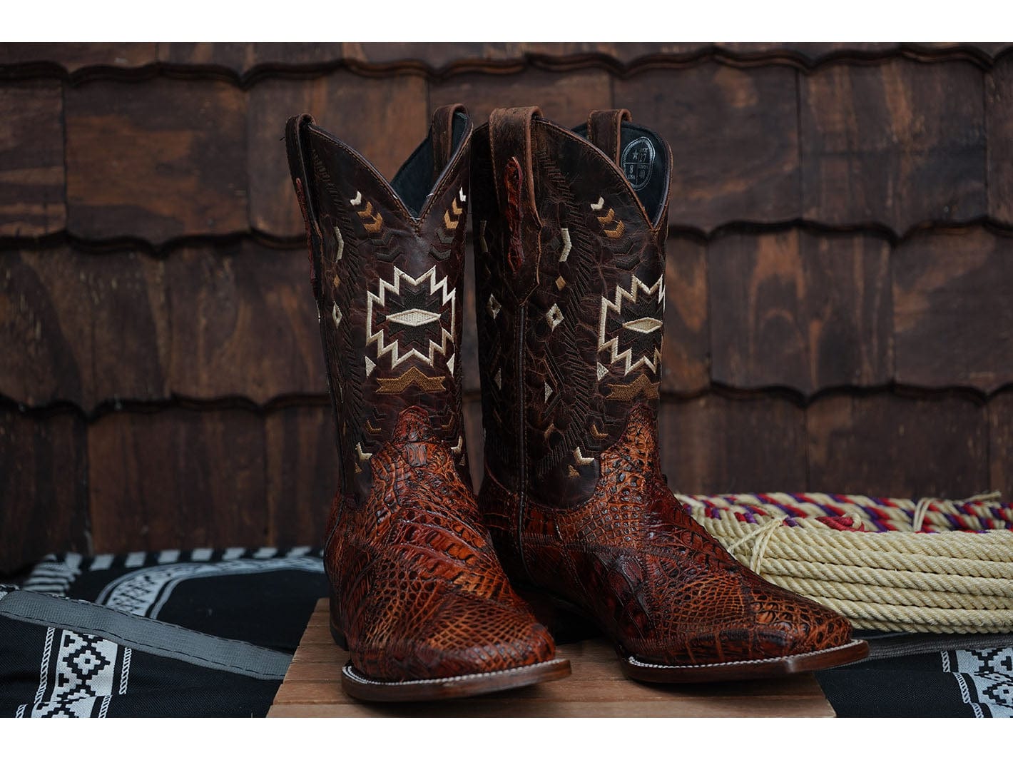 TENT SALE! Texas Country Western Boot Caiman Rombos Orix, Cognac, & Shedron Square Toe