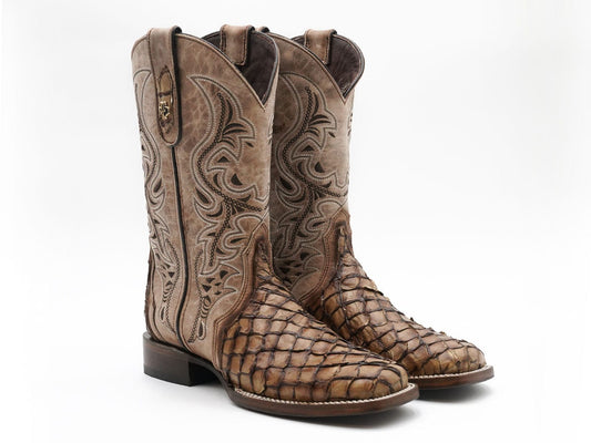 Men Print Jumbo Python Cognac Square Toe Western Boots