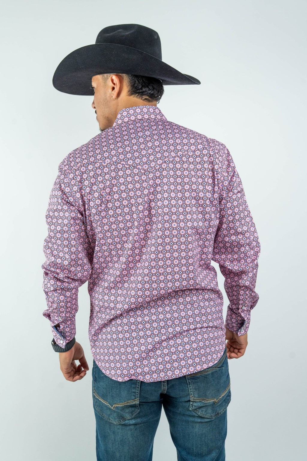 Texas Country - Pink Geometric Print Pearl Snap Long Sleeve Shirt (PS100L/T #123) - Gomez Western Wear