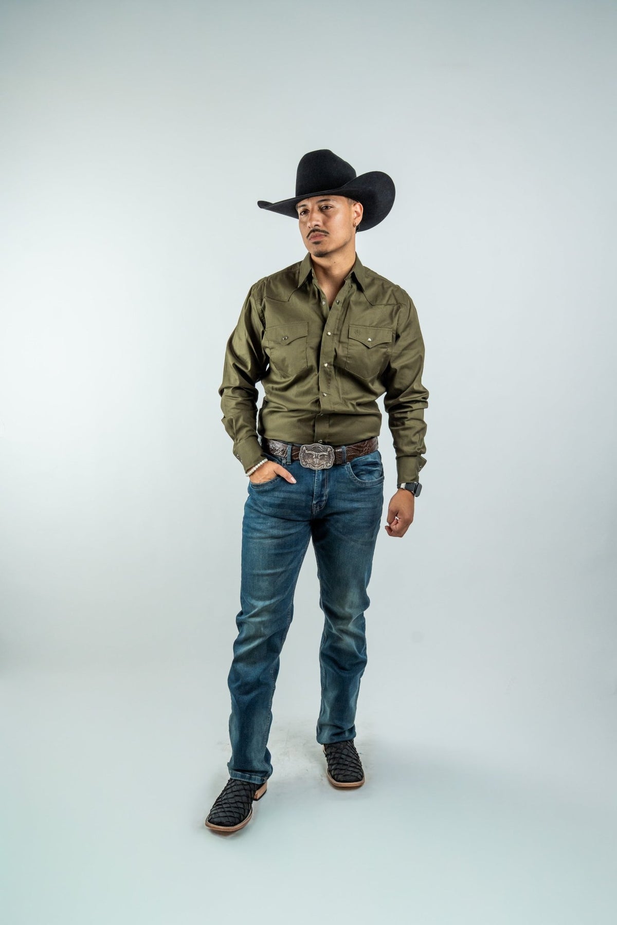Texas Country - Solid Olive Pearl Snap Long-Sleeve Shirt (AC108L/T) - Gomez Western Wear