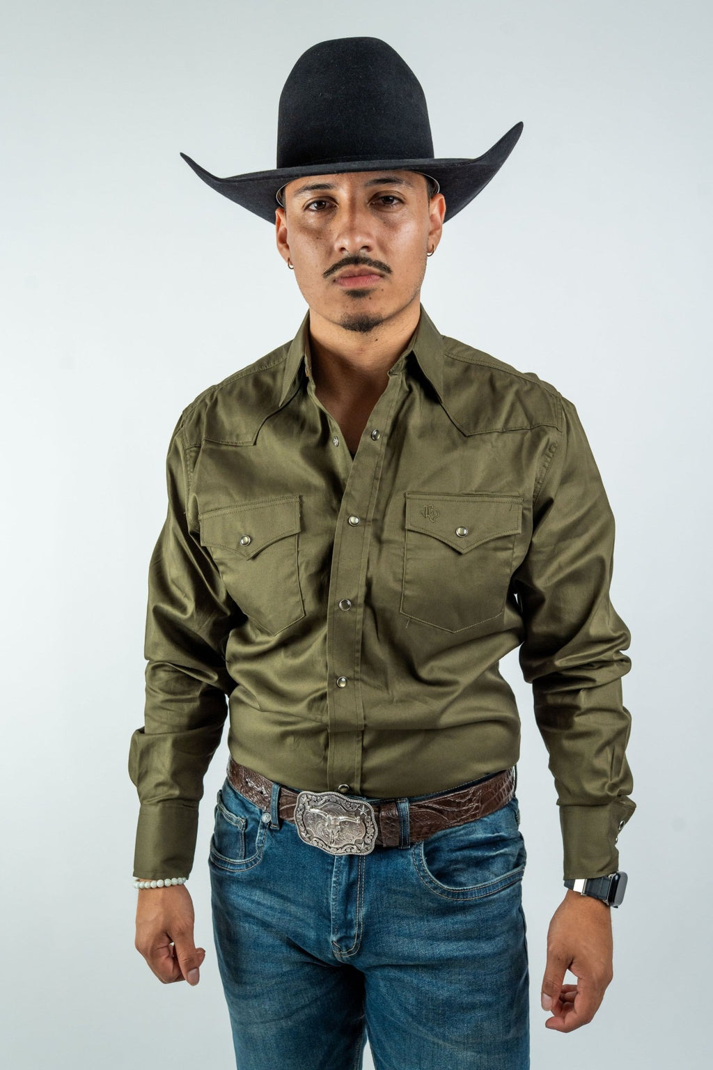 Texas Country - Solid Olive Pearl Snap Long-Sleeve Shirt (AC108L/T) - Gomez Western Wear