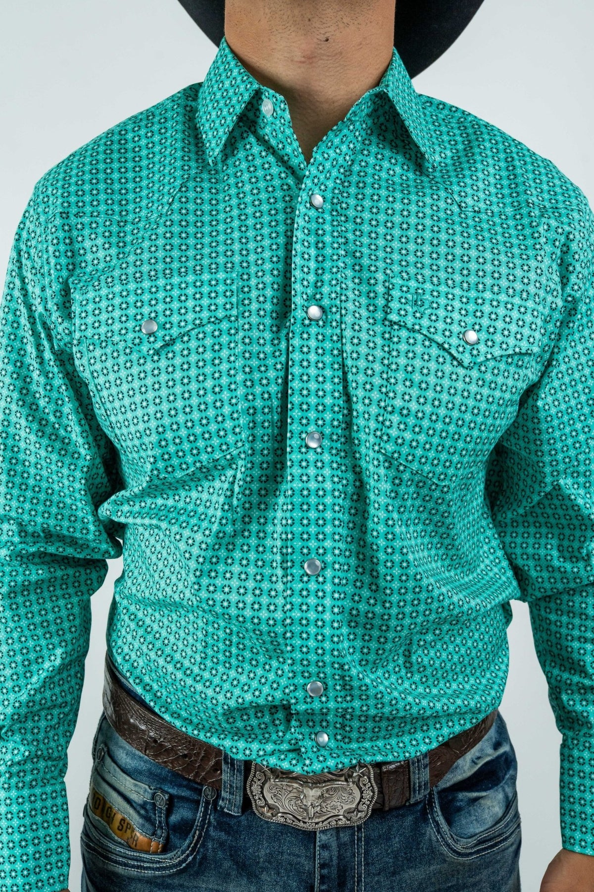 Texas Country - Turquoise Flowers Pearl Snap Long Sleeve Shirt (PS100L/T #1108) - Gomez Western Wear