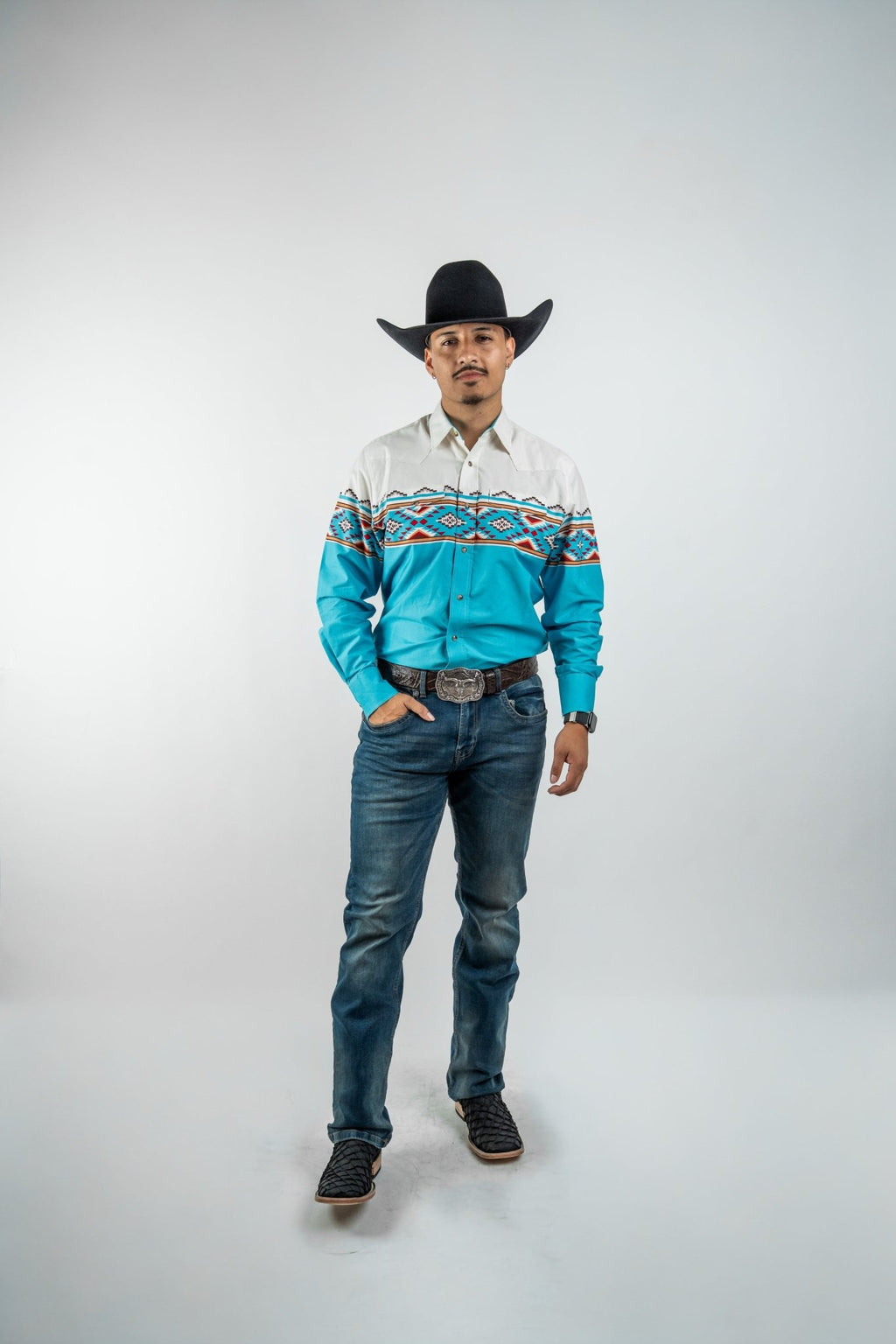 Texas Country - Turquoise Southwestern Pearl Snap Long Sleeve Shirt (MOD1090) - Gomez Western Wear